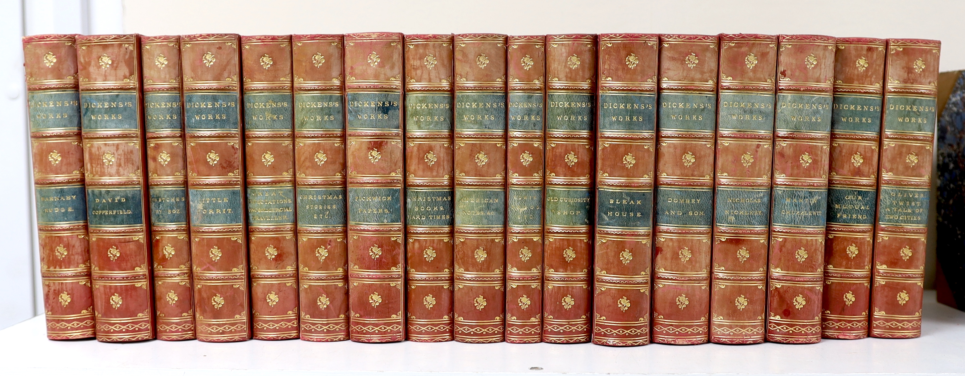 Dickens, Charles - (Collected Edition), 17 vols. some with additional engraved pictorial titles, many plates (the original illustrations); contemp. red half calf and marbled boards, gilt decorated panelled spines with gr